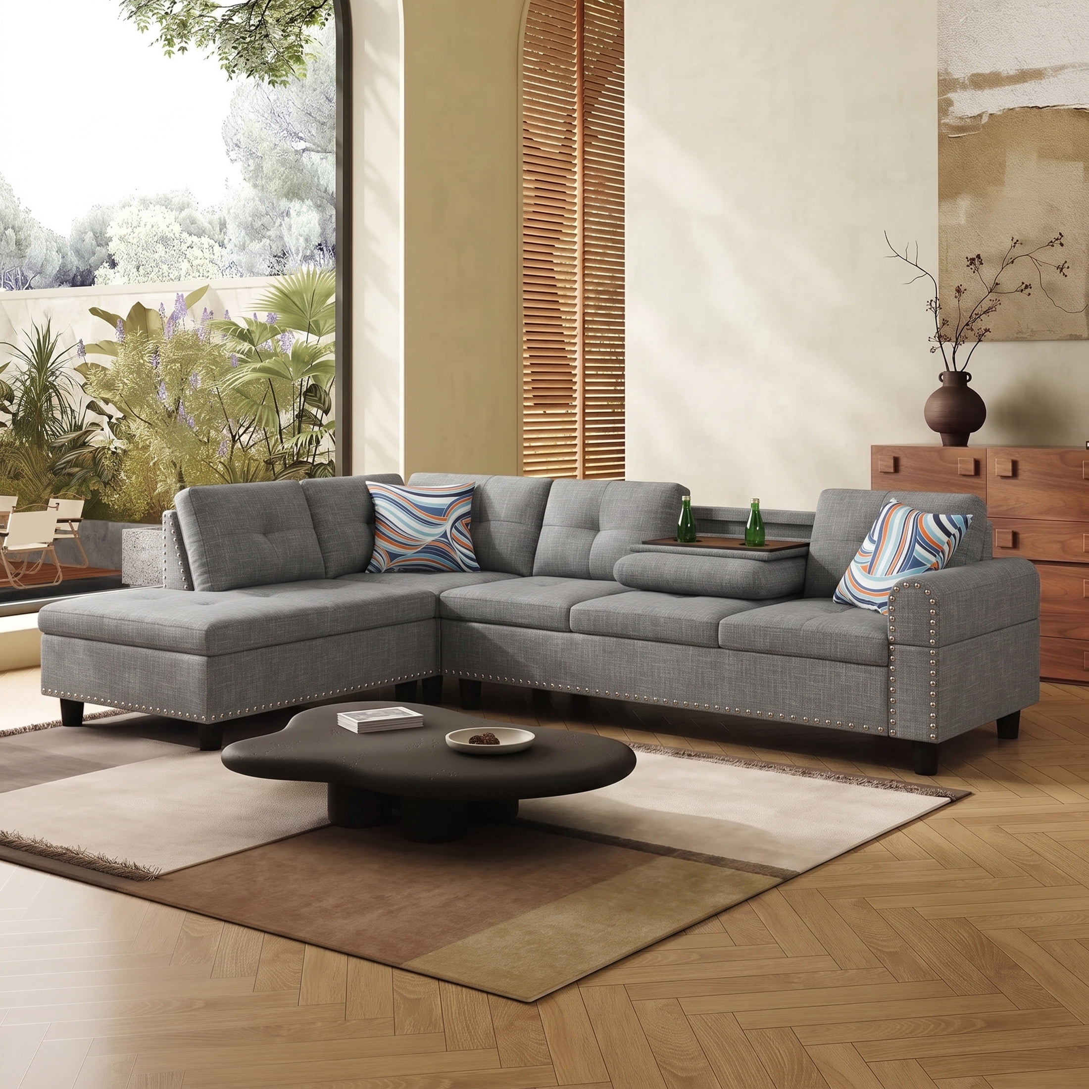 AENKYO 98" L-Shaped Sectional Sofa with Reversible Chaise and Cup Holders, Linen, Gray