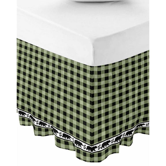 Sage Green Black Wrap Around Bed Skirts for Queen Bed 16" Drop,Bed Skirt with Adjustable Elastic Belt Dust Ruffle Bed Valance for Bedroom Hotel Farmhouse Vintage Bear Buffalo Plaid Bed Frame Cover