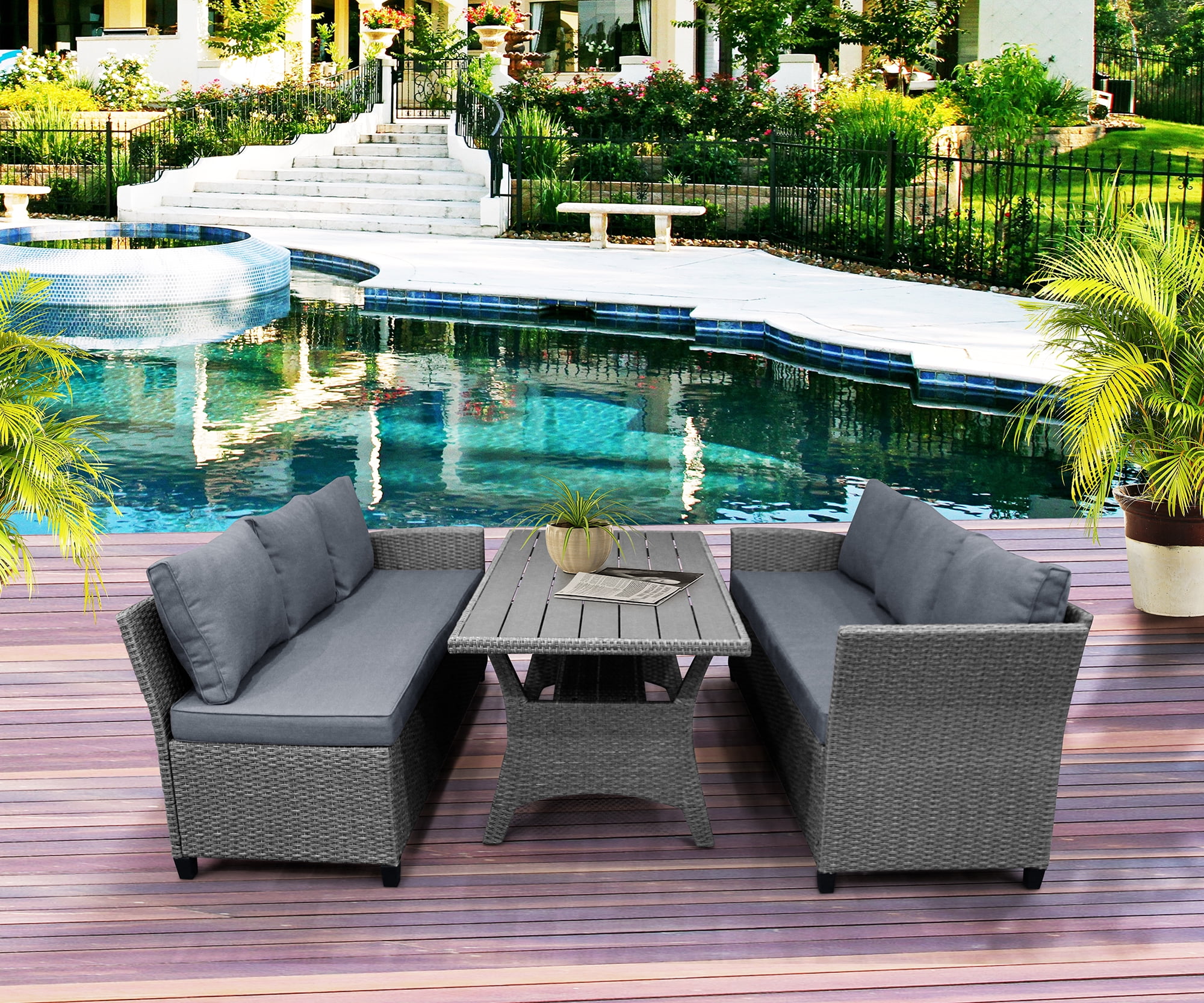 Outdoor Conversation Sofa Set, 3 Piece Patio Sectional Dining Set with