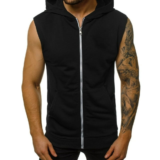 Mens Gym Sleeveless Zipper Athletic Pullover Sweatshirt with Pocket Black