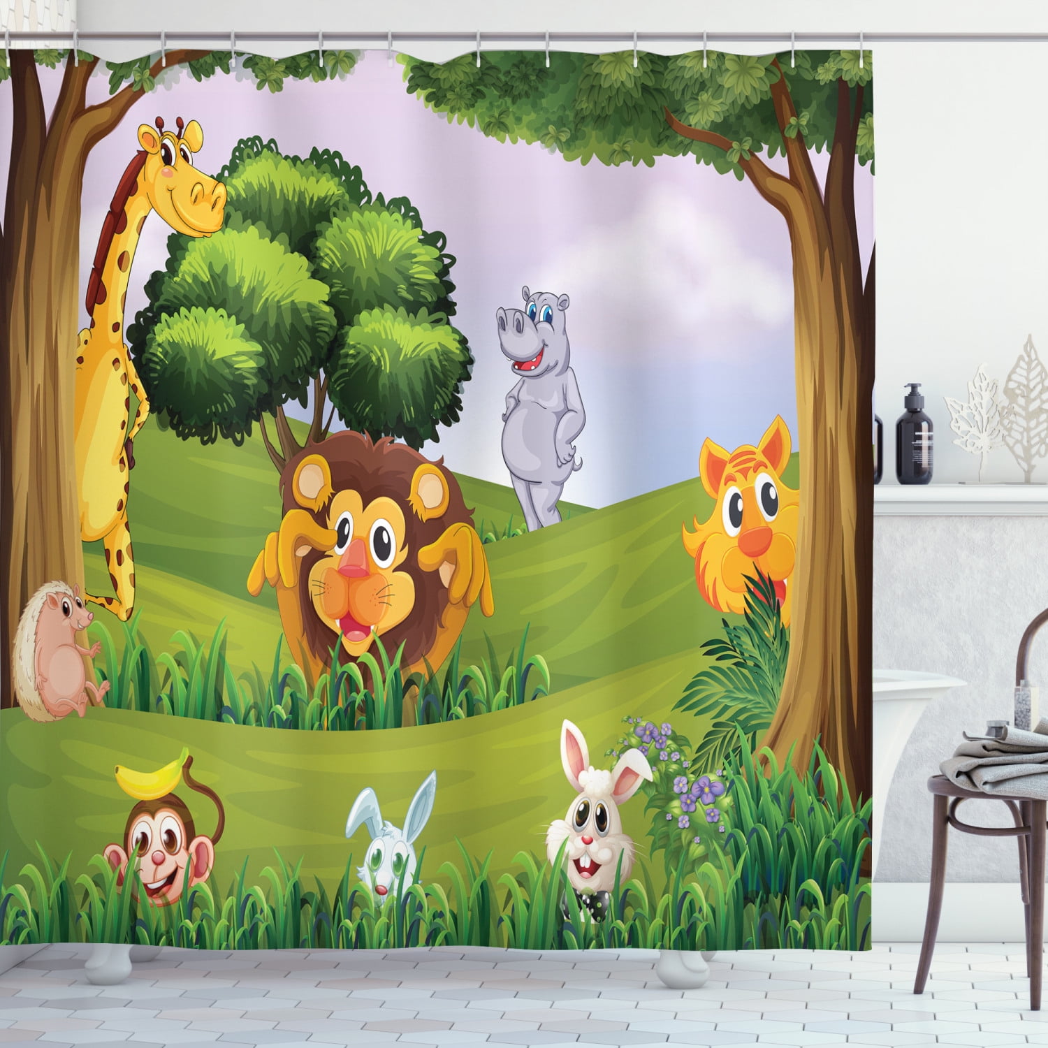 Cartoon Zoo Animals Print Jungle Waterproof Fabric Shower Curtain Hooks Bathroom 