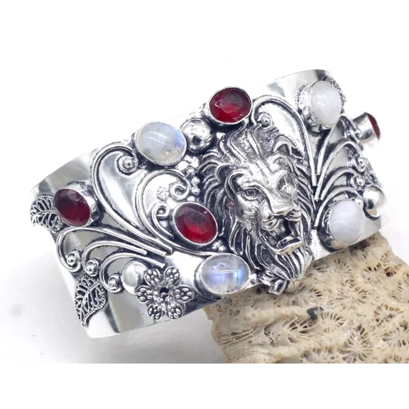 Samrat Jewelry 925 Sterling Silver Adjustable Cuff Bracelet | Natural Moonstone & Garnet Gemstones