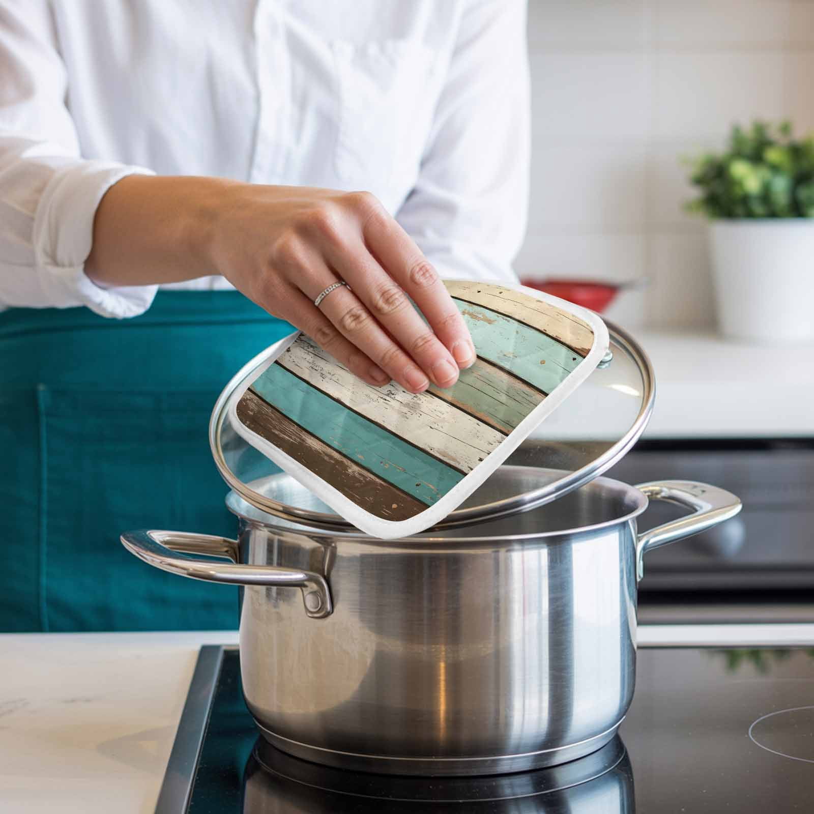 Farmhouse Teal Brown Pot Holders for Kitchen Heatproof Potholder, 4 Pack Vintage Ombre Wooden Hot Pads Multipurpose Oven Pads Cloth Potholders Trivet for Cooking and Baking