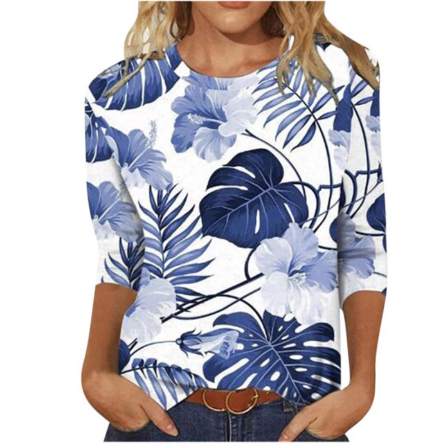CHUANK Hauts en Tricot à Manches Longues pour Femmes Col Rond T-Shirt Décontracté pour Femmes Col Rond Manches 3/4 Chemise Ample Imprimée Blouse Hauts Chandail Imprimé à Enfiler Hauts Blouse à Rayures à Boutons Économies d'Été Cle