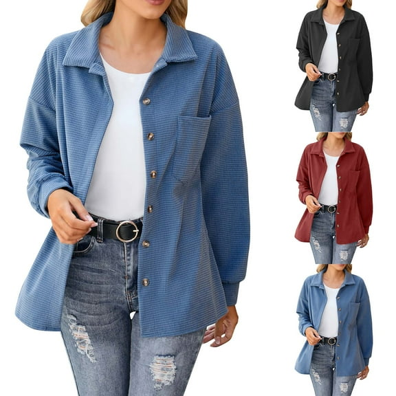 Womens Corduroy Shirt Jacket Lapel Collar Long Sleeve Button Front Casual Outerwear