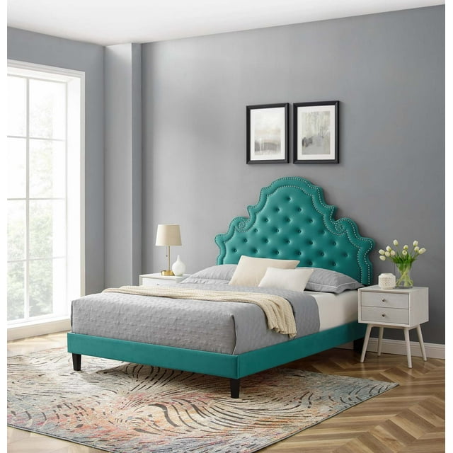 Modway Lit Plateforme Double en Velours de Performance Capitonné Gwyneth, Turquoise