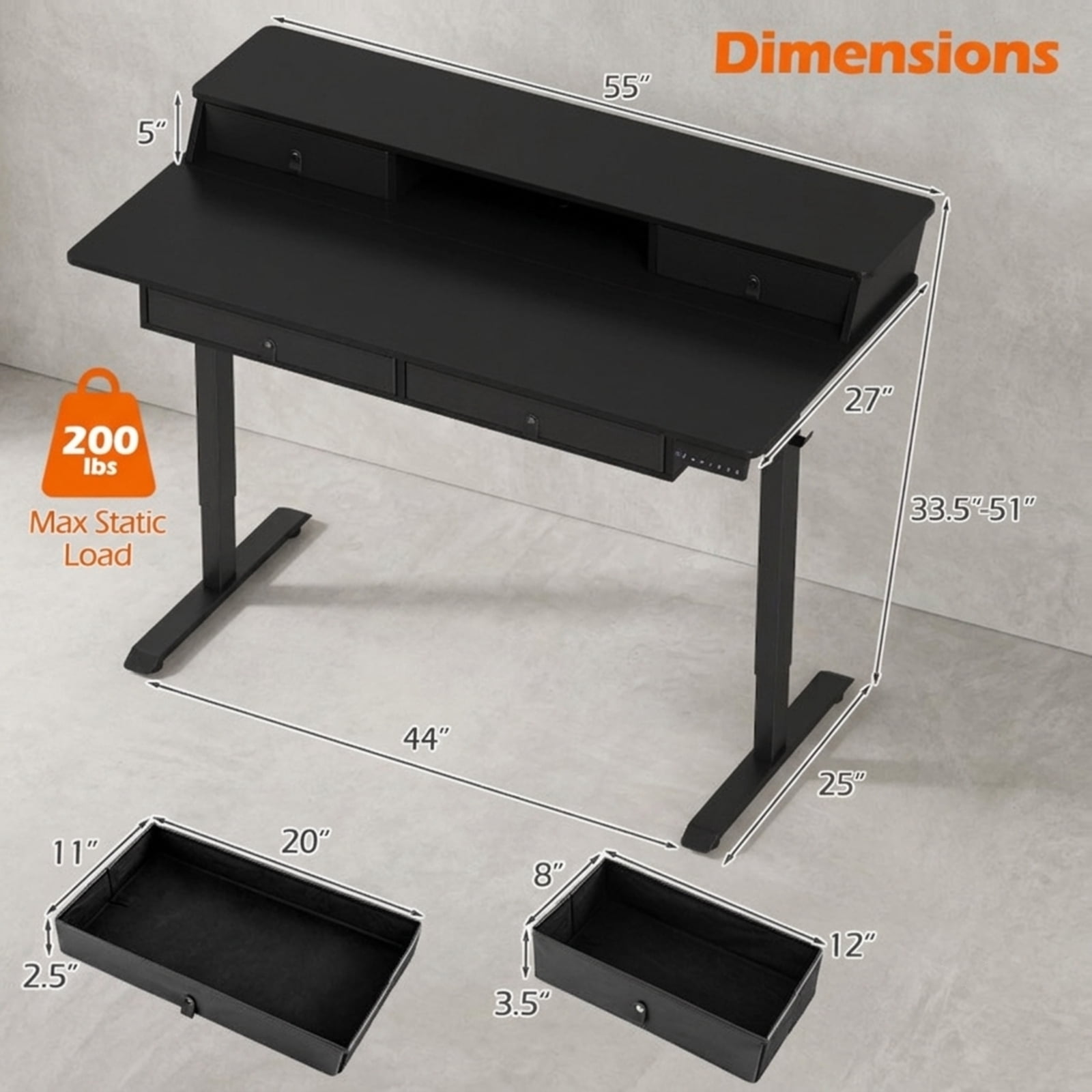 Furnibear 55 x 27 Inch Electric Standing Desk with 4 Drawers Monitor Stand Child Lock and Cable Management for Home Office, Black