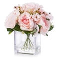 thumbnail image 3 of Enova Home Mixed Artificial Silk Roses Fake Flowers Arrangement in Cube Glass Vase with Faux Water for Home Office Wedding Decoration(Pink), 3 of 4