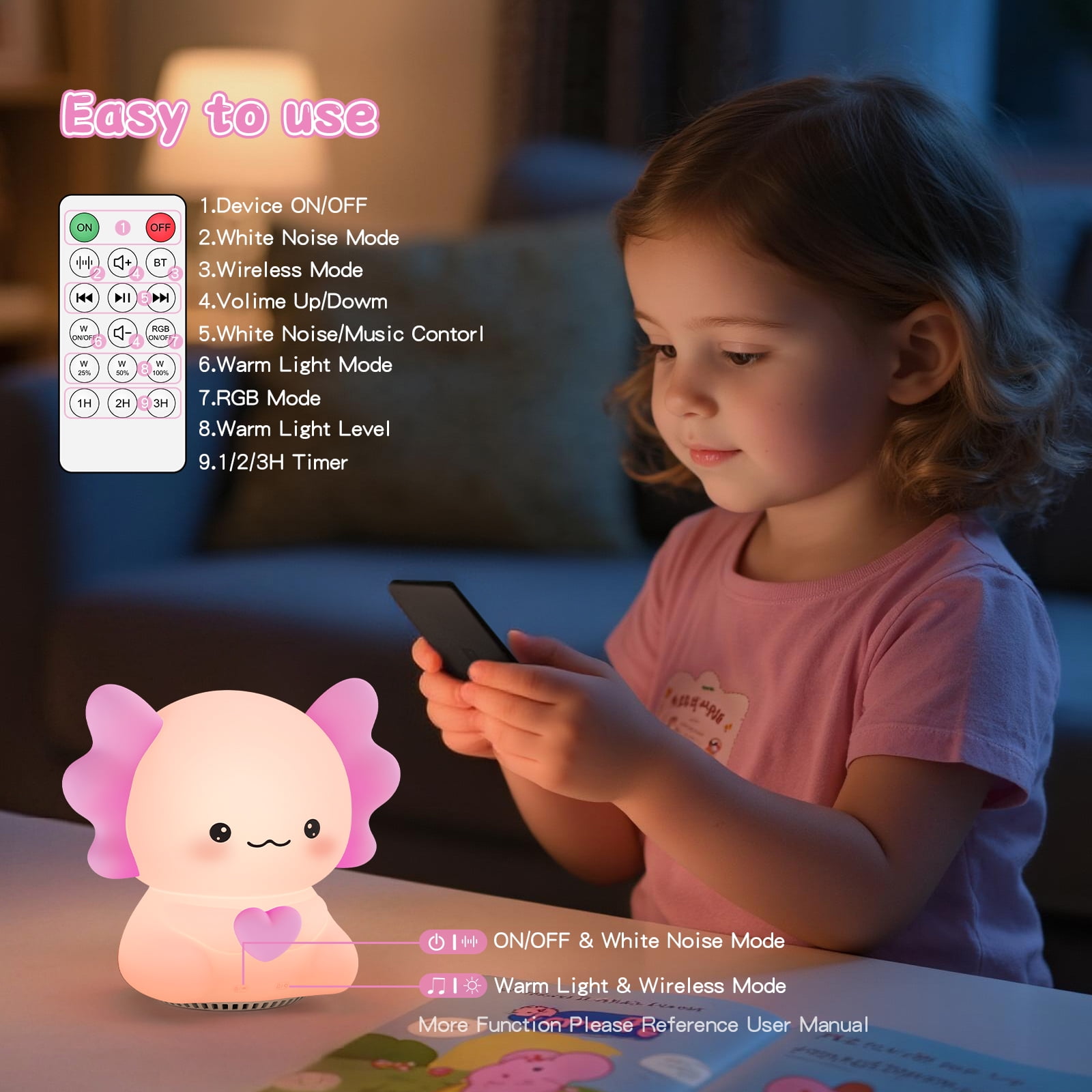 Axolotl Night Light with Sound Machine, Pink Silicone Touch Lamp, Wireless Speaker, Remote Control, Soft Touch, Baby Room Lamp