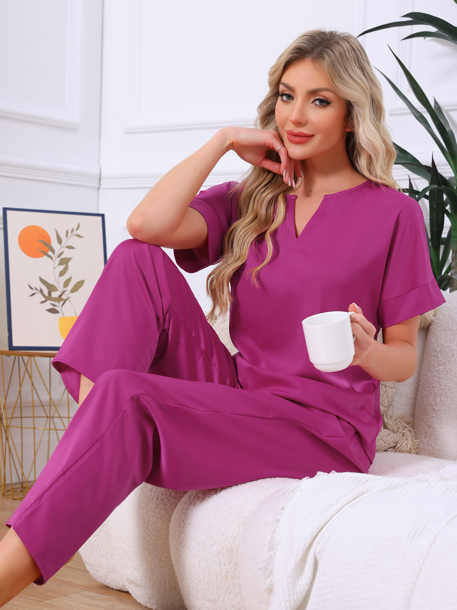 DARING DIVA Satin Pajamas Silky Short Sleeve V Neck Shirt Long Pant Set M Hot Pink