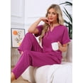 thumbnail image 3 of DARING DIVA Satin Pajamas Silky Short Sleeve V Neck Shirt Long Pant Set XL Hot Pink, 3 of 7