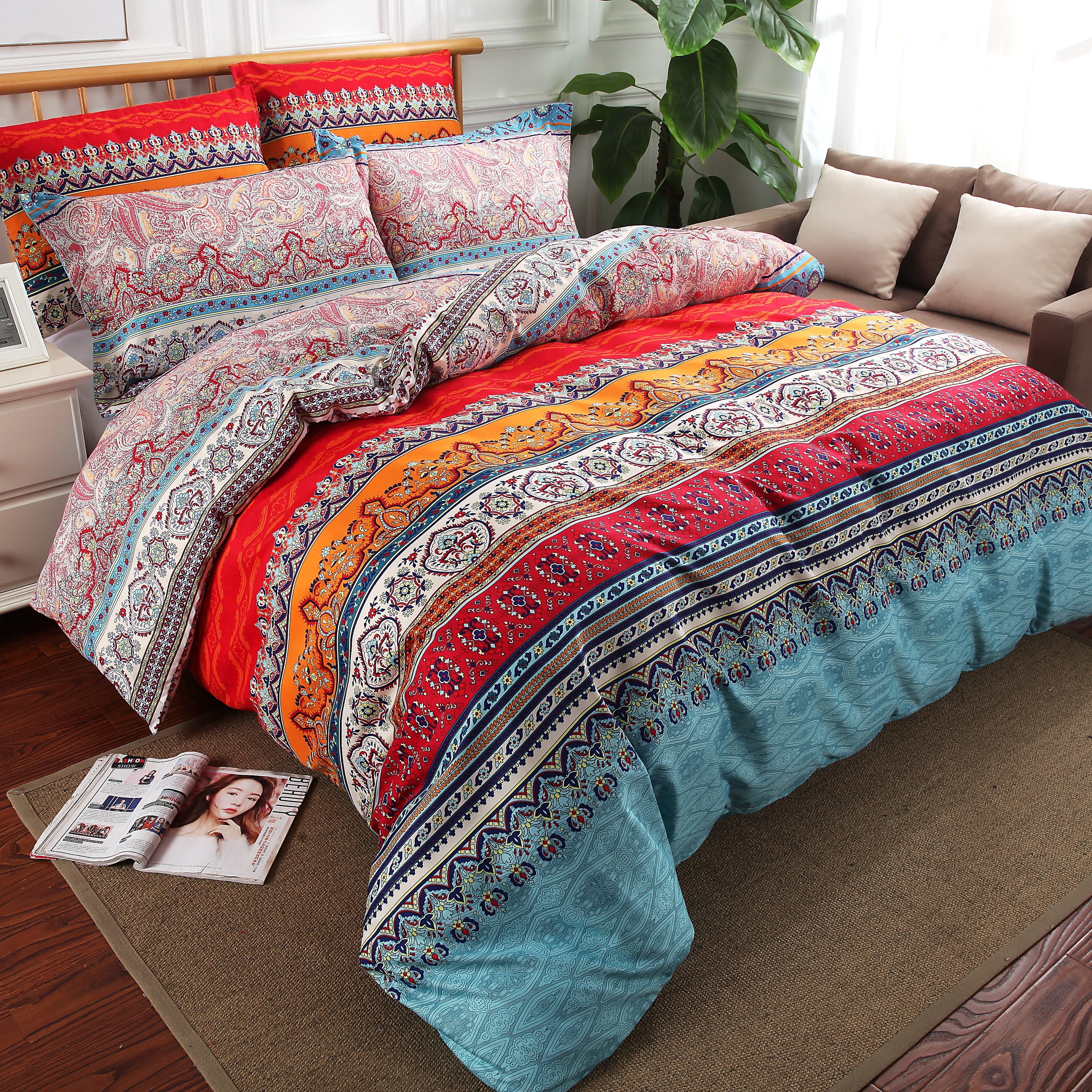 Swanson Beddings Colorful Boho Mandala Paisley 3-Piece Bedding Set: Duvet Cover and Pillow Shams (Queen)