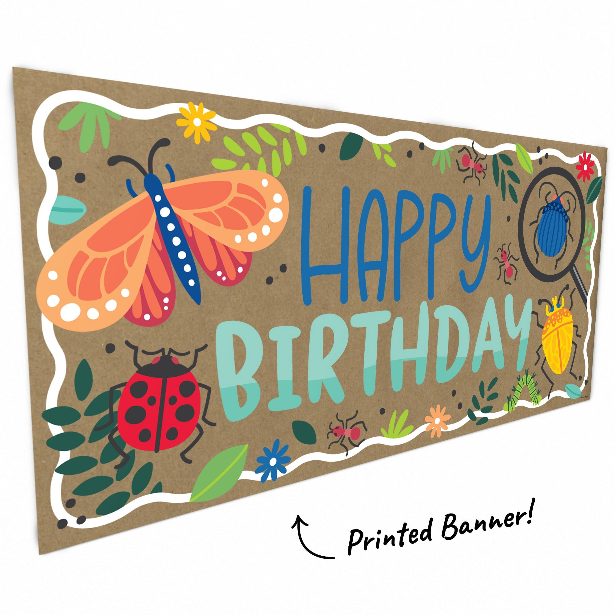 Big Dot of Happiness Buggin' Out Birthday Kraft Paper Banner, Colorful Insects and Bug-Themed Happy Birthday Party Banner, Printed Brown Paper Party Sign Decoration – 1 Count