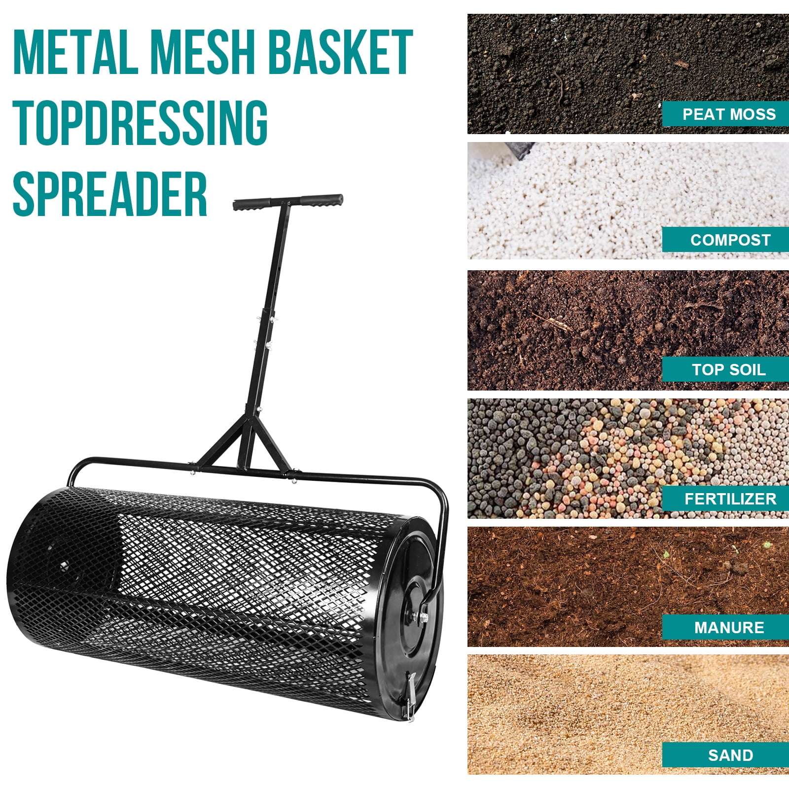 Maylaviu 36-Inch Compost & Peat Moss Spreader, Lawn Roller Spreader with Adjustable T-Handle, Heavy-Duty Steel Mesh Basket for Topdressing, Black