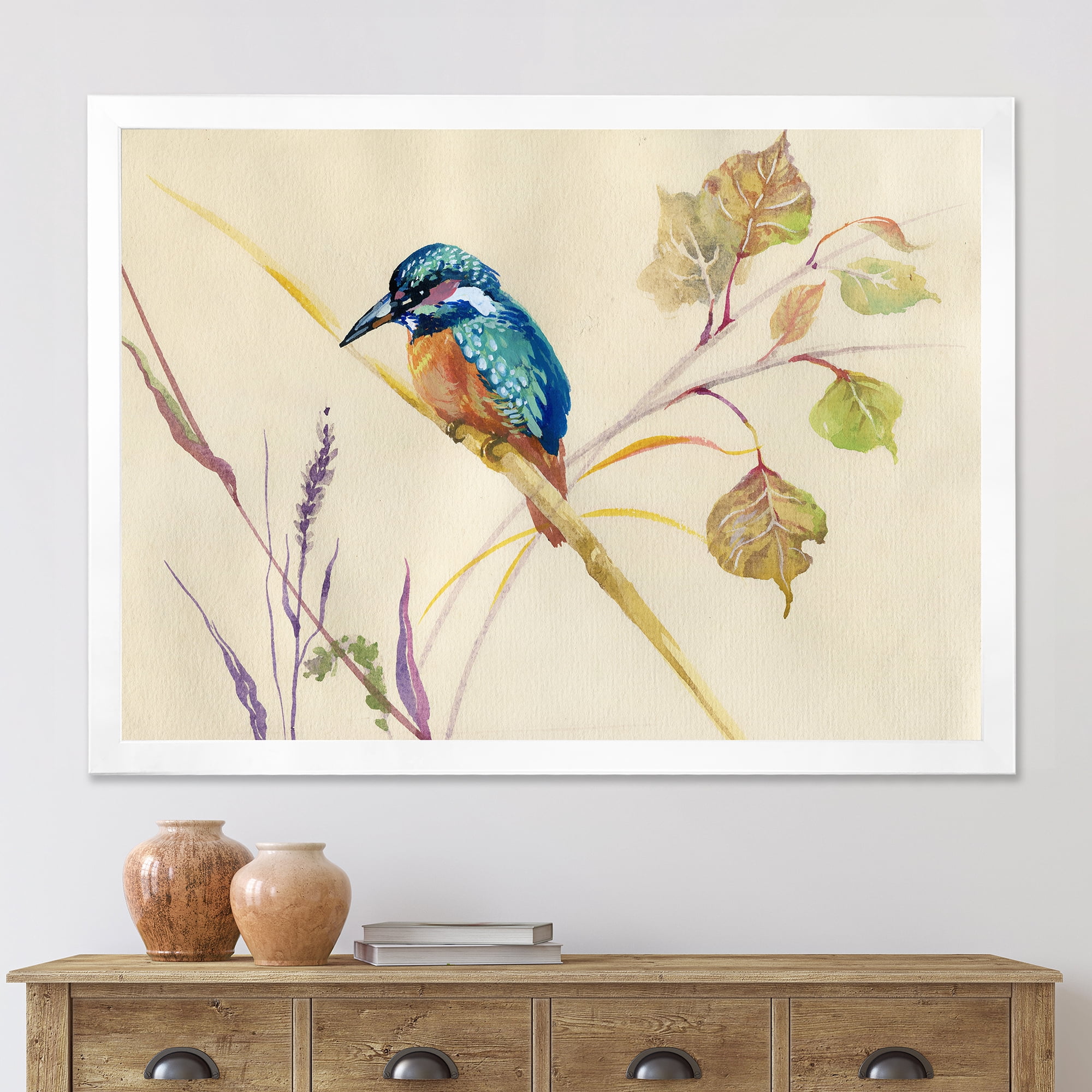 Designart 'Common Kingfisher Bird On Branch' Traditional Framed Art Print