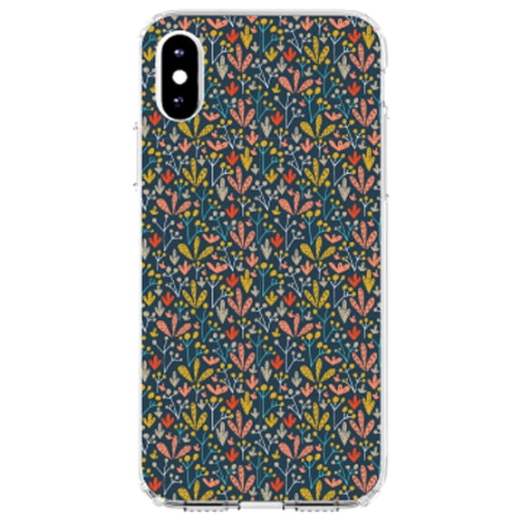 DistinctInk Clear Shockproof Hybrid Case for iPhone XR (6.1" Screen) - TPU Bumper, Acrylic Back, Tempered Glass Screen Protector - Modern Floral - Navy Yellow Teal