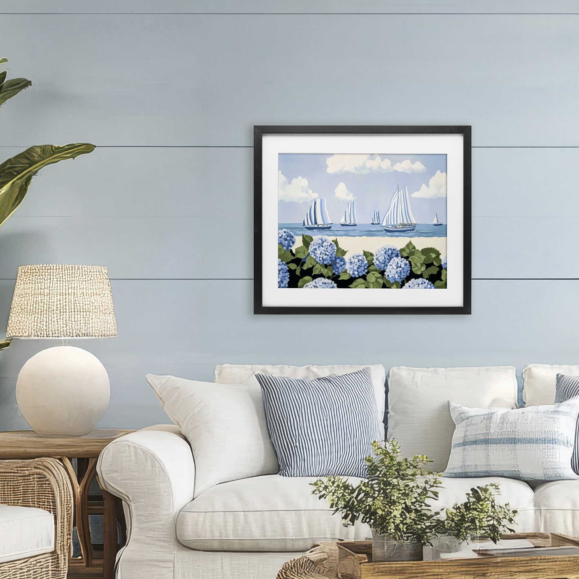Stupell Industries Striped Sails & Seaside Hydrangeas Black Framed Print Under Glass, design by Sisi and Seb