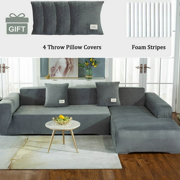 Eurhowing Velvet L-Shaped Sectional Sofa Cover with 4 Pillowcases, Stretch Soft Couch Slipcovers 3 Seater 4 Seater, Sofa Furniture Protector, Light Grey