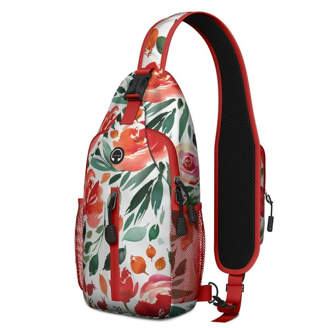 Floral and Skull Pattern Sling Bag with Adjustable Strap, Multiple Compartments, Lightweight Durable Crossbody Backpack for Travel, Outdoor, Daily Use