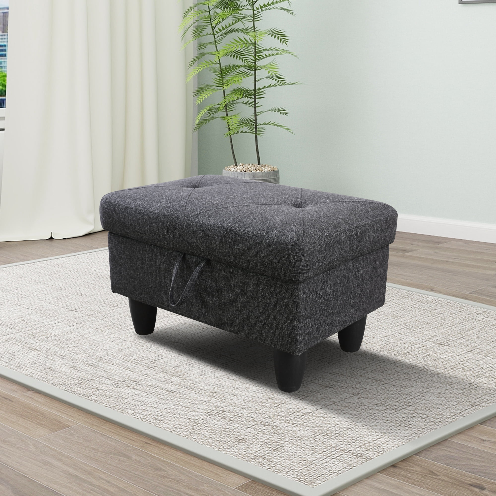 Gewnee 28.5" Storage Ottoman Bench Linen Upholstered for Living Room Bedroom Entryway Dark Gray