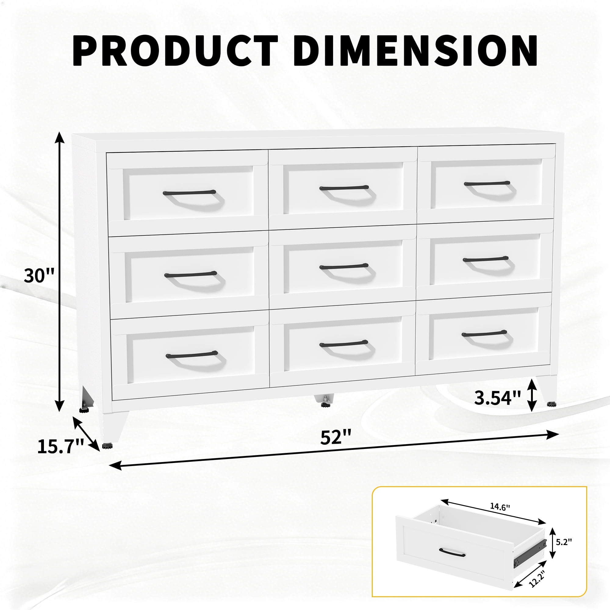 ShiKeyi 9 Drawer Dresser for Bedroom, Modern Metal Wide Storage Chest with Metal Handles and Legs, White