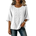 thumbnail image 4 of thefmos Women Summer Boho Linen Tops 3/4 Sleeve Round Neck Embroidery Casual Loose Pullover Blouses Solid Fall Fashion Tunic, White S, 4 of 9
