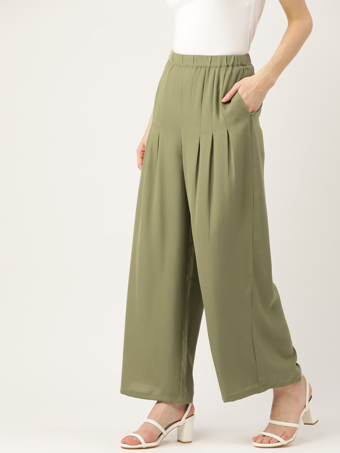 DressBerry - By Myntra Women Olive Green Solid Pleated Mid-Rise Regular Fit  Polyester Ready to Wear Parallel Trousers With Pockets - Walmart.com