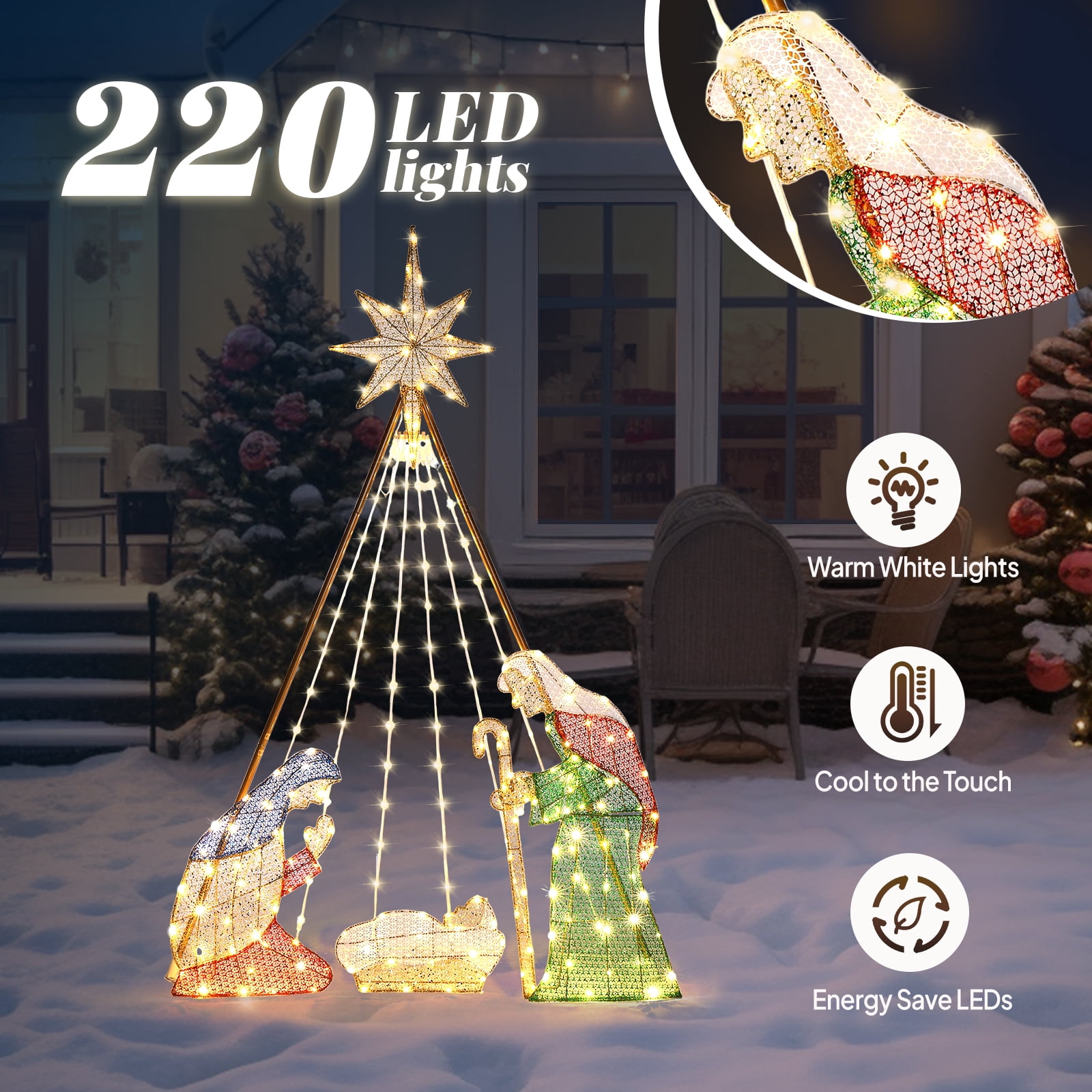 Astoutdoor Nativity Scene Garden Decoration with 220 LED Lights, Green, 47.83 x 11.81 x 72.83 in