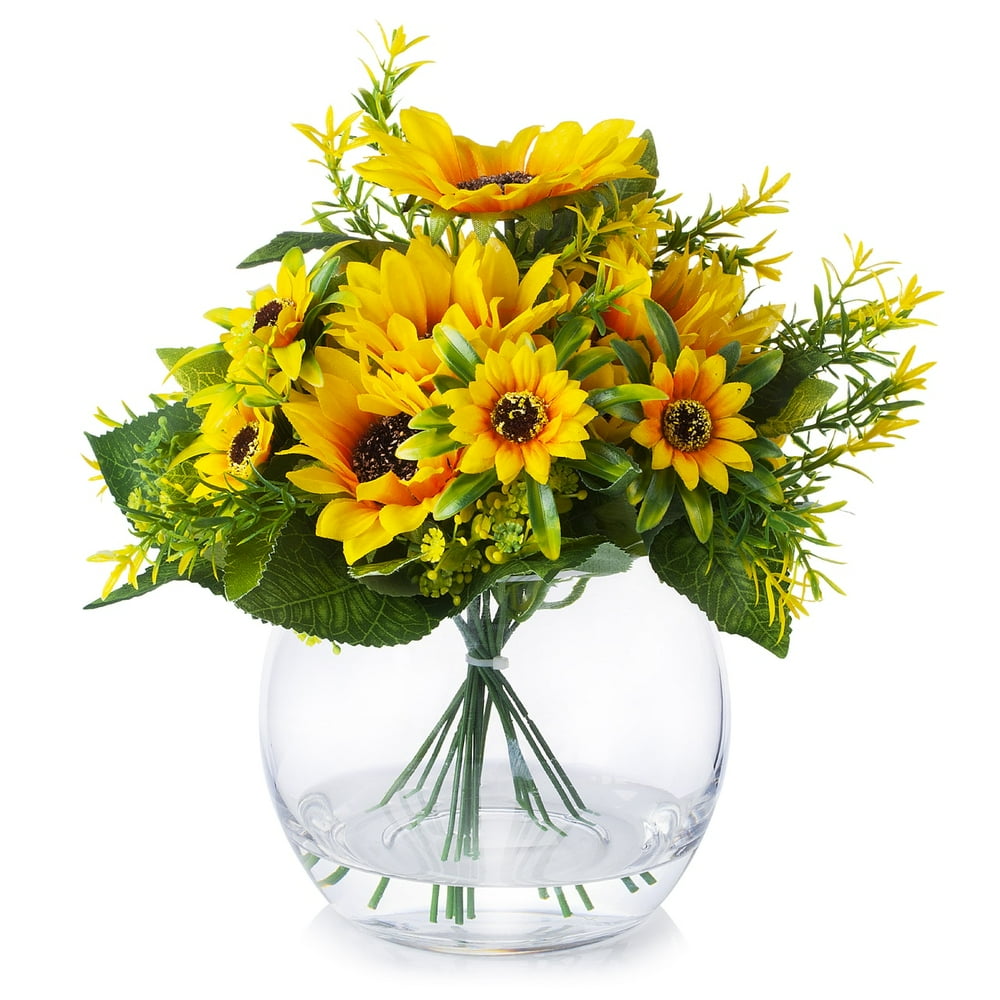 Enova Home Mixed Silk Sunflower Arrangement in Clear Glass Vase With
