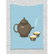 Tea Tapestry, Kettle with Cups Beverage Teatime Good Morning Drink Theme Design, Wall Hanging for Bedroom Living Room Dorm Decor, 40W X 60L Inches, Pale Blue Dark Taupe Mustard, by Ambesonne