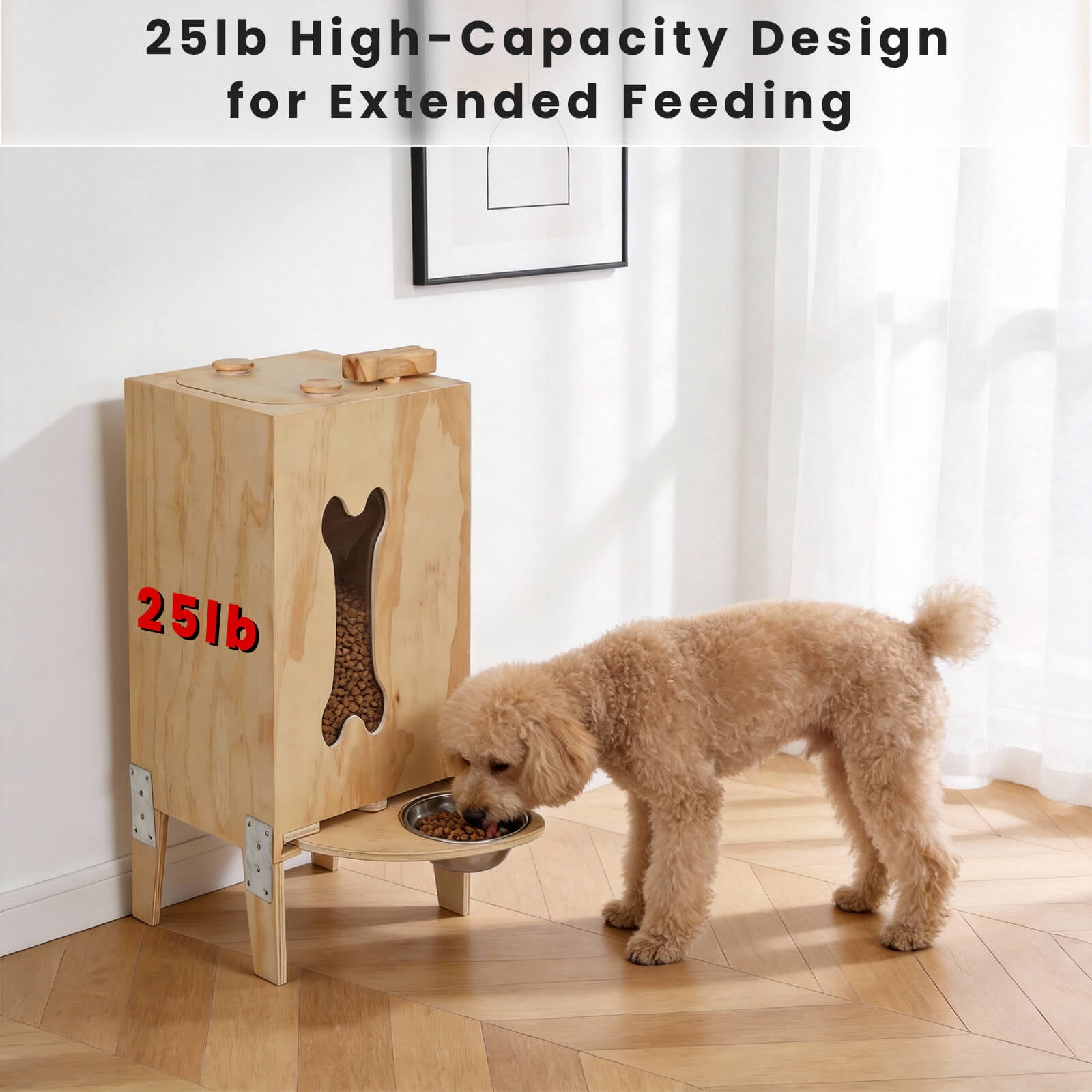 Automatic Dog Food Dispenser with 2 Bowls - 25 lb Capacity Gravity Pet Feeder, Elevated Dog Feeding Station Furniture with Airtight Kibble Dispenser for Small Medium Large Dogs
