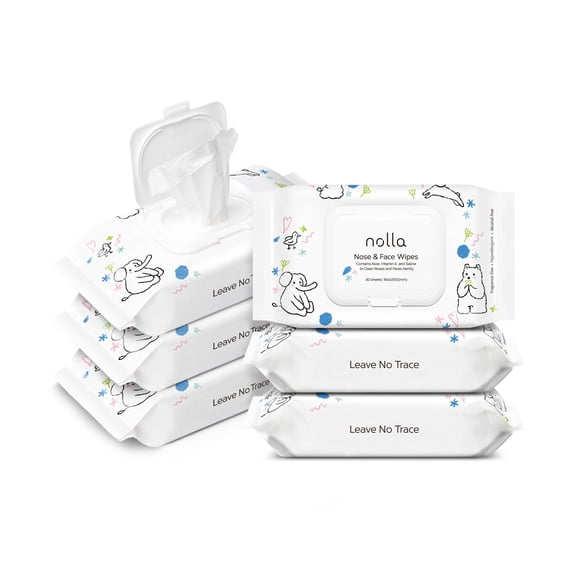 Nolla Nose and Face Wipes for Babies & Kids with Saline, Vitamin E, & Aloe, Unscented, Compostable, 180 Count (6 Packs of 30)