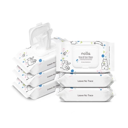 Nolla Nose and Face Wipes for Babies & Kids with Saline, Vitamin E, & Aloe, Unscented, Compostable, 180 Count (6 Packs of 30)