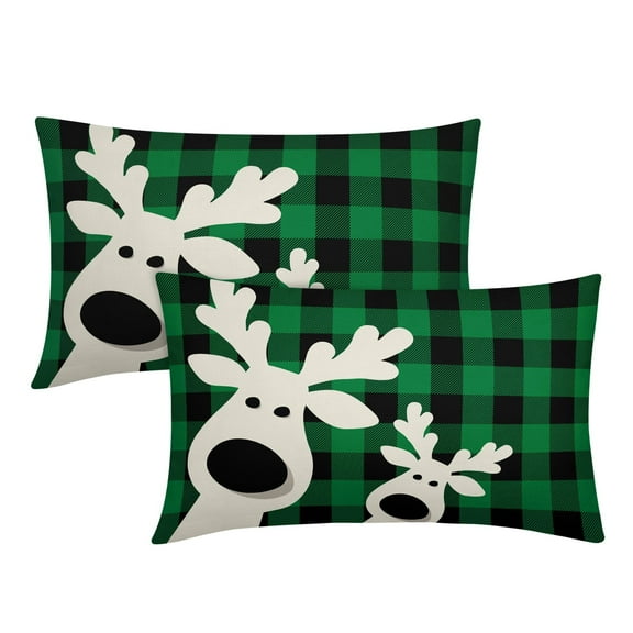 ABSOP Deer Christmas Lumbar Pillow Covers 12"X20" Set of 2 Xmas Reindeer Black Green Buffalo Plaid Checkered Rectangular Pillow Cases Decor for Sofa Couch Room