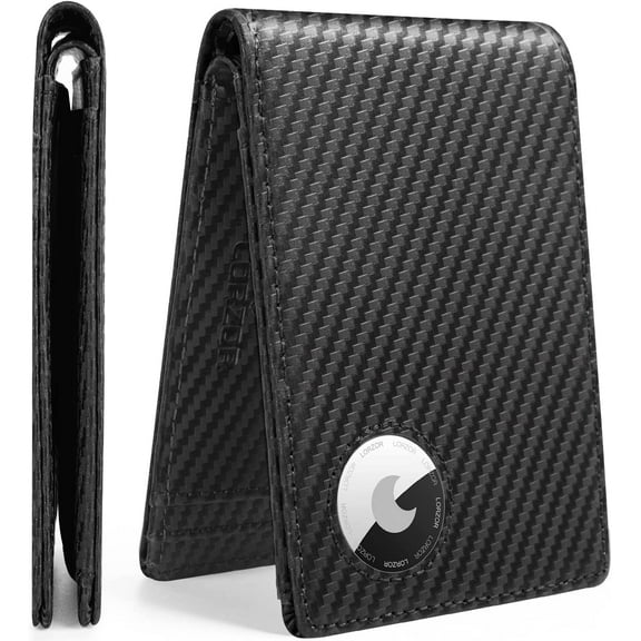 LORZOR Airtag Wallet, Full Grain Leather Minimalist Mens Wallet for Airtag, Bifold RFID Blocking Airtag Wallet for Apple Airtag Holder, with ID Window, 12 Cards Gift Box,Carbon