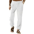 thumbnail image 3 of Mens Casual Pants Beach Yoga Travel Summer Drawstring Elastic Waisted Pants Loose Straight Leg Trousers with Pockets White XL, 3 of 4