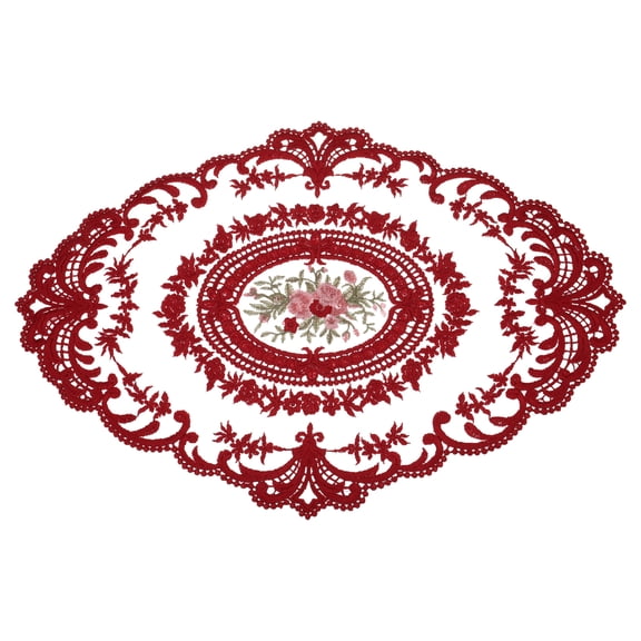Uxcell 12.2 x 16.5 inch Retro Lace Placemat Oval French Crochet Doilies Coasters Dark Red