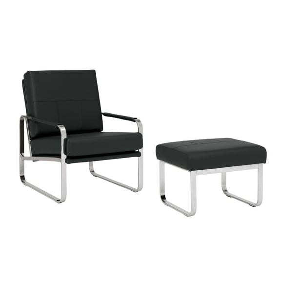 Studio Designs Home Allure Bonded Leather Accent Chair with Ottoman Set, Mid-Century Modern Lounge Chair & Footrest with Chrome Legs for Living Room or Office Guest Seating, Chrome / Black
