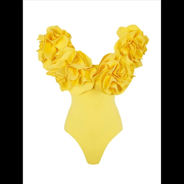 Traje de Baño de una Pieza para Mujer, Falda Cruzada, Pareo, Bikini con Estampado Floral Retro. Traje de Baño Amarillo XL