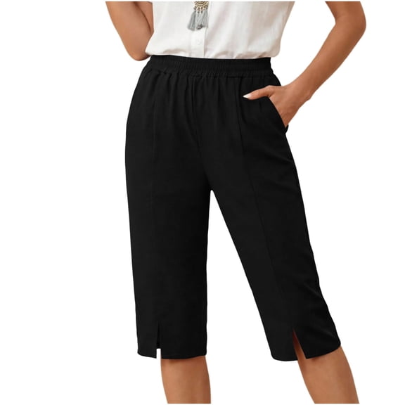 Inleife Women's Fashion Solid Color Capri Pants Casual High Waist Cropped Trousers with Pockets And Slit Hem Black L