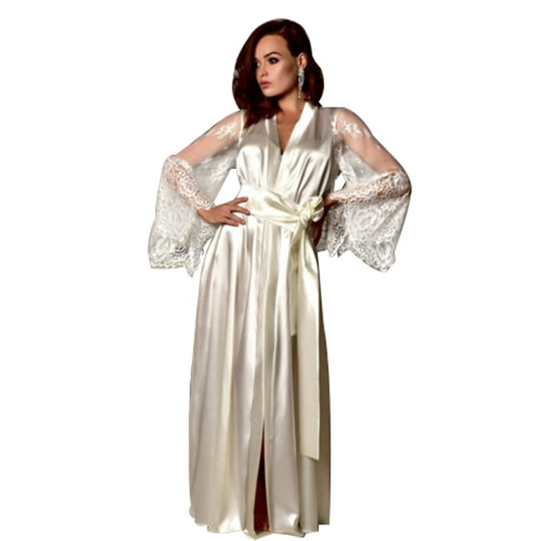 Women Sexy Silk Nightgown Dress, Lace Transparent Sleeve V Neck Tie Waist  Satin Kimono Robe Dress - Walmart.com