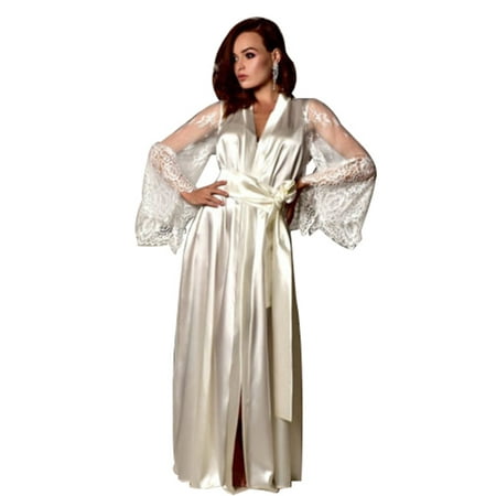 

Women Sexy Silk Nightgown Long Dress Female Lace Transparent Sleeve V Neck Tie Waist Satin Kimono Robe Dress Femme Lingerie Nightwear
