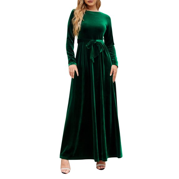 Women's Elegant Velvet Long Dress Casual Comfortable Round Neck Long Sleeve High End Solid Color Fashion Dress for Spring Autumn Winter