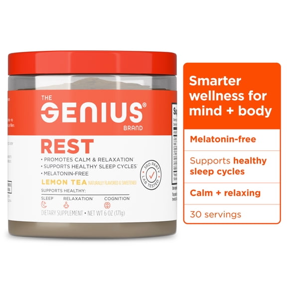 The Genius Brand Genius Rest Nootropic – Melatonin-Free Sleep Support Supplement for Calm & Relaxation – Lemon Tea – 30 Servings