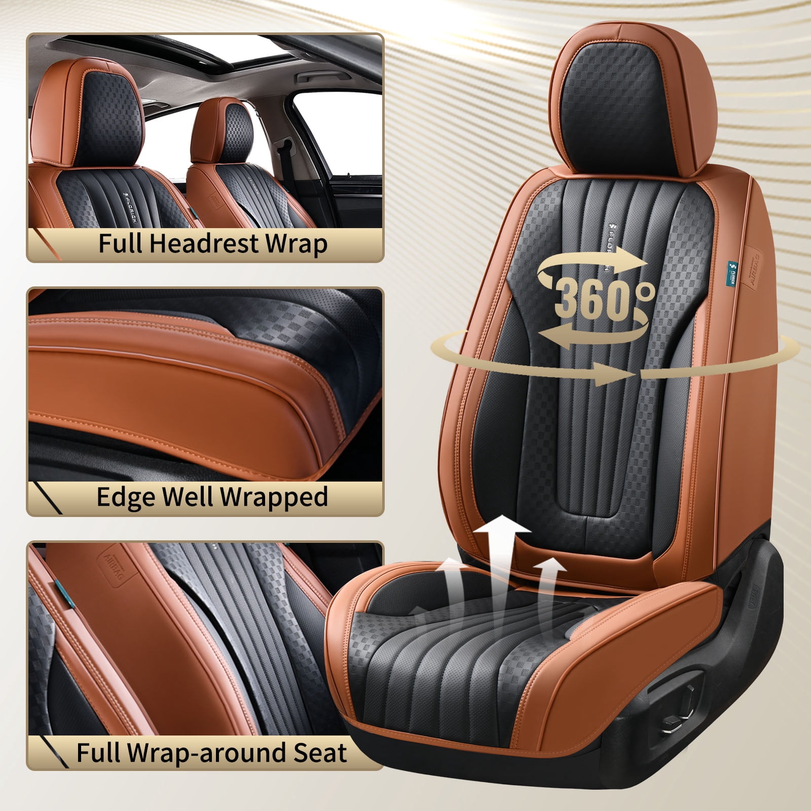 FLORICH Car Seat Covers, 2 Seats Waterproof Faux Leather Seat Cushions, Auto Protectors Universal Fit Most Cars, Black&Brown