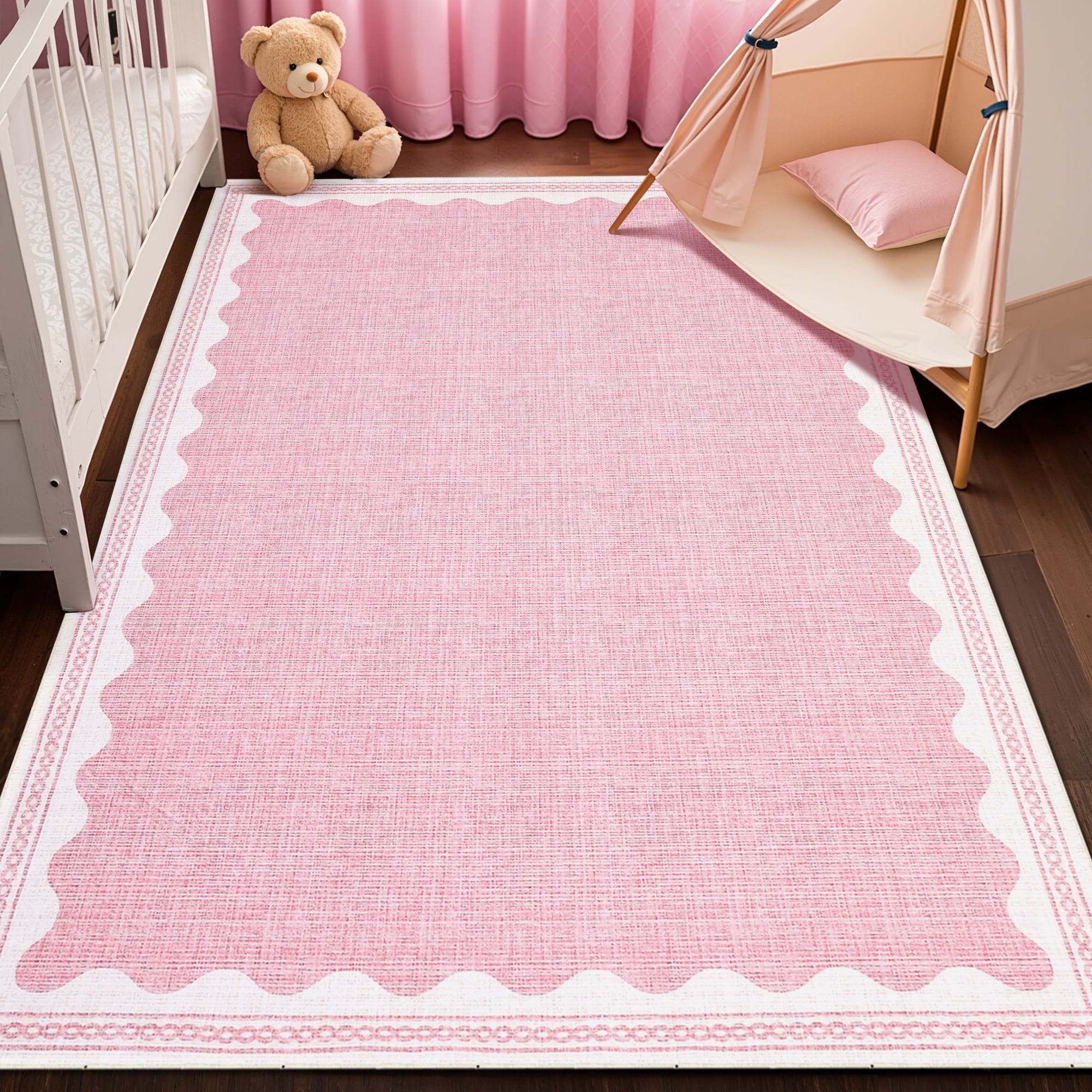 Hasoo Scalloped Washable Area Rug for Living Room Dorm Non Slip Indoor Geometric Bordered Throw Carpet, 3' x 5' Pink