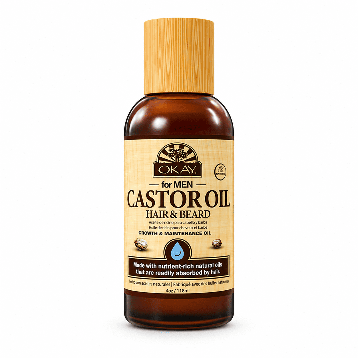 OKAY Men Castor Oil Beard & Hair Growth Oil Lightweight – Moisturizing & Growth-Stimulating Grooming Oil, Silicone & Paraben-Free, All Hair & Beard Types, 4 oz / 118 ml