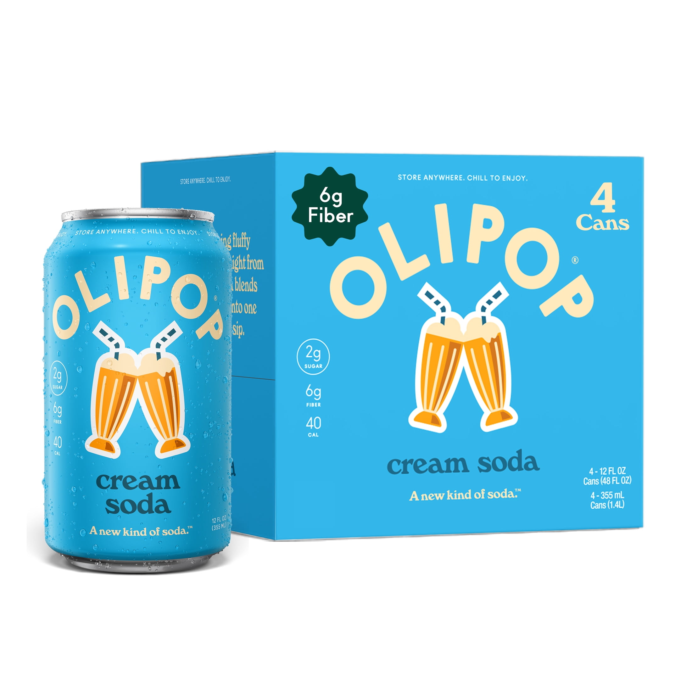(2 pack) OLIPOP Prebiotic Soda, Cream Soda, 12 fl oz, 4 Pack, Pantry Packs