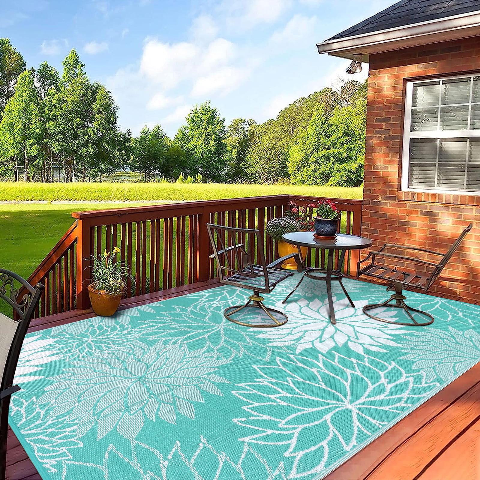 Ileading Outdoor Rugs for Patios 9'x12' Waterproof Patio Mat Plastic Straw Rug Reversible RV Camping Tent Rug Outside Area Rug for RV, Patios,Deck, Beach,Balcony, Camping