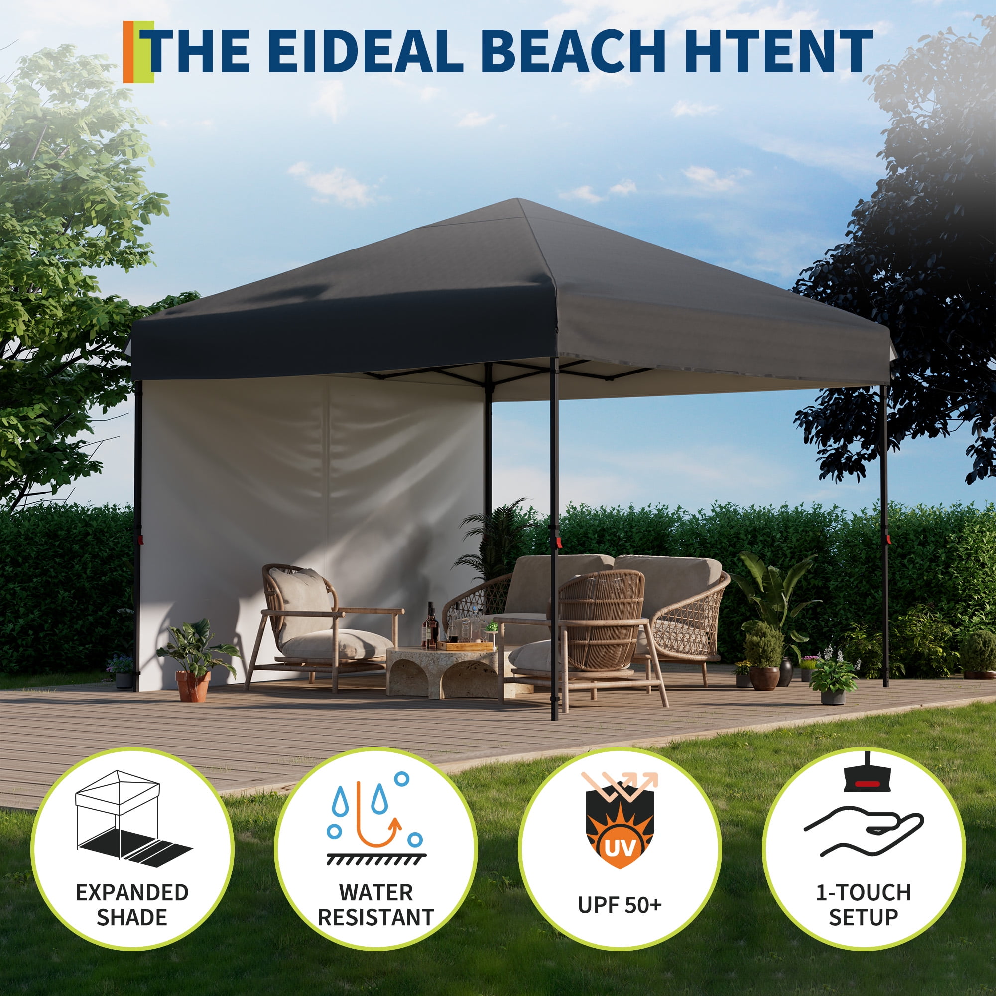 Heavy Duty Pop Up Canopy Tent 10x10 FT – Waterproof & UV Protection – 1 Sidewall – Quick Folding Outdoor Shelter – Easy One-Person Setup – Silver Coated Oxford – Patio, Tailgate, Camping – Grey